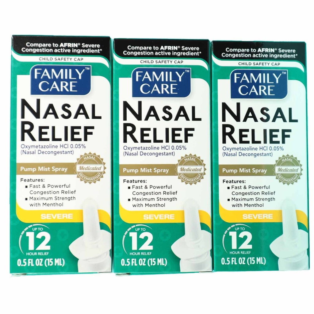 FamilyCare Nasal Relief Spray, Pump Mist, Anti-drap, Hude prebavne motnje, (Oxymetazolin HCI) 12 ur, 3 pakiranja