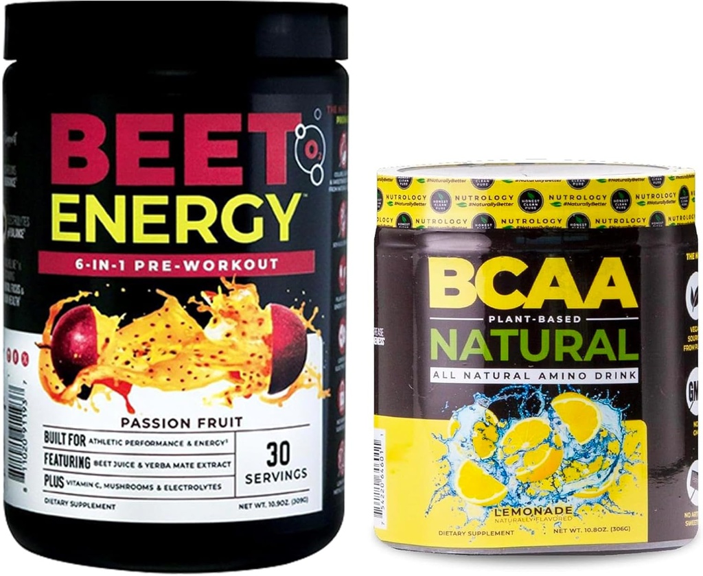 Nutrologija Beet Natural O2, Pre Workout Powder, Passion Fruit Flavor (30 strežb) BCAA Natural, Rastlinski BCAA Powder, Limonada Flavor (30 servingov)
