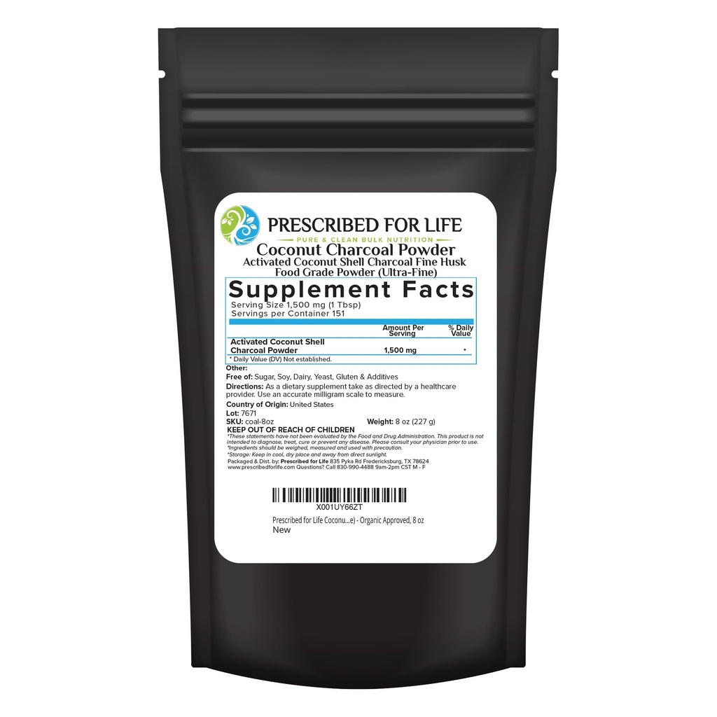 Predpisano za življenje aktiviran Charcoal prahu, kokosovo školjko Charcoal Ultra Fine Husk Hrana stopnja prahu (8 oz)