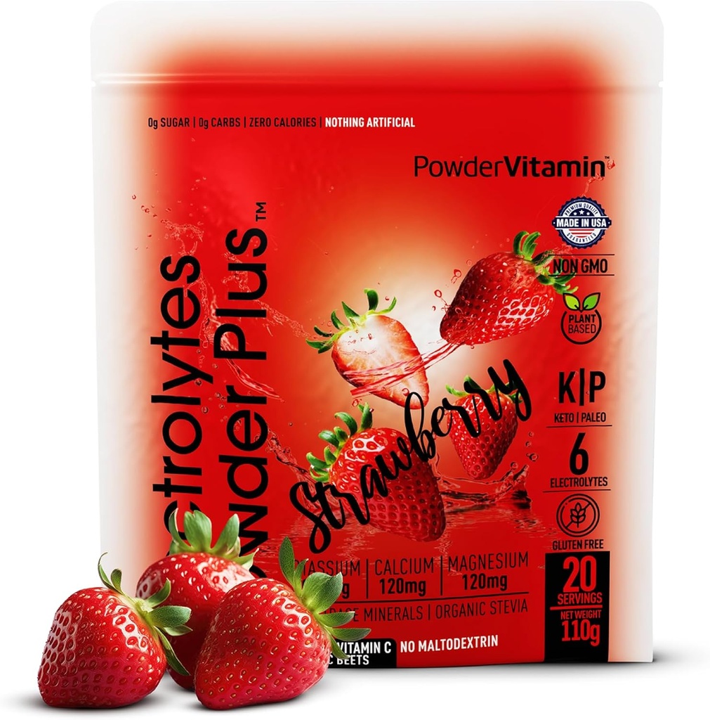 PrašekVitamin Elektroliti powder Plus (20 servingov) jagodni elektrolitski prašek, brez maltodekstrina, keto, brez sladkorja, pink himalajska sol, 1000mg kalij, 120mg kalcij, 120mg magnezij,Hidracija prašek