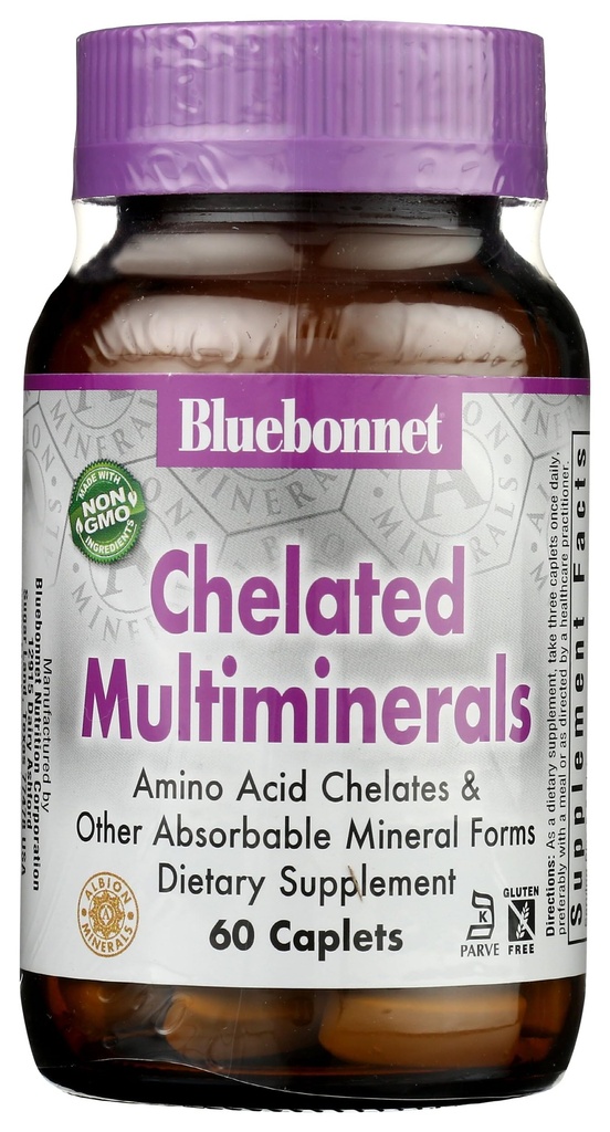 Bluebonnet Nutrition Visoka vsebnost keliranih multimineralov, Albion keliranih mineralov, brez soje, Gluten-free, Non-GMO, Kosher Certified, Dairy-free, 60 Caplets, 20 Servings