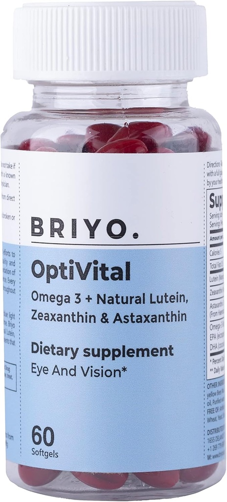 Briyo Optivital Eye Health Supplement z Lutein, Zeaksantin, Astaksantin in Omega 3 – Podpira vizualno jasnost, zaslon utrujenost in dolgotrajno zdravje mrežnice – En dan, 60 Softgels