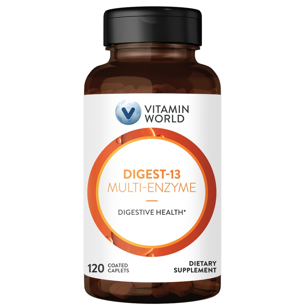 Vitamin World Digest-13 Multi-Enzyme, 1010mg Prebavne encime Mešanica z amilase, Bromelain, Papain & Lipaza za prebavljanje in absorpcijo, Prebavne encime za napihnjenost in plin, 120 Kapleti