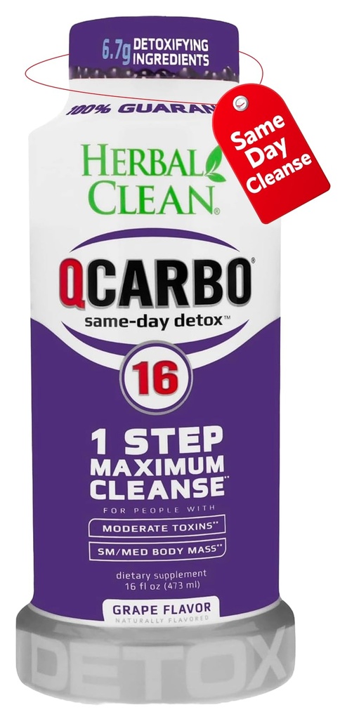 Herbal Clean Qkarbo16 Isti dan Detox Cleanse Drink (16 fl oz) - Grozdni okus Popolno čiščenje telesa* Detox Drink za zmerno raven toksina*, vitamin B2 in vitamin B12 za moške in ženske