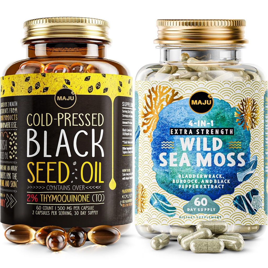 Maju Superfoods 4-v-1 Sea Moss Kapsule in črno olje Kapsule Seed Oil