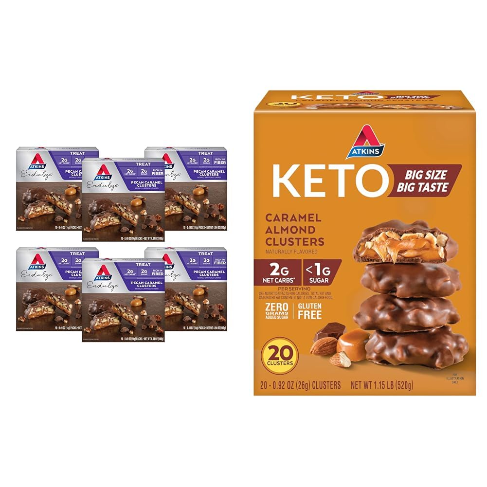 Atkins Pecan Caramel & Caramel Almond Clusters, 60 & 20 Count, visoke vlaknine, nizko sladkor, nizko karb