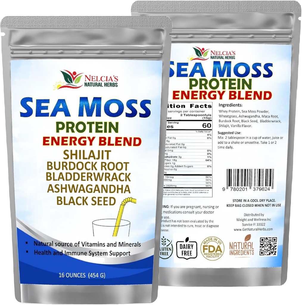 NELCIA NARAVNI HERBS Sea Moss Ashwagandha Protein Powder - Naravni irski Moss, Bladderwrack in Burdock koren, črno seme in Shilajit Powder (16oz)