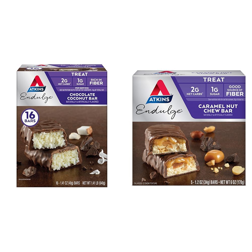 Atkins Endulge Chocolate Coconut Bar 16 Count & Caramel Nut Chew Bar 5 Count Bundele