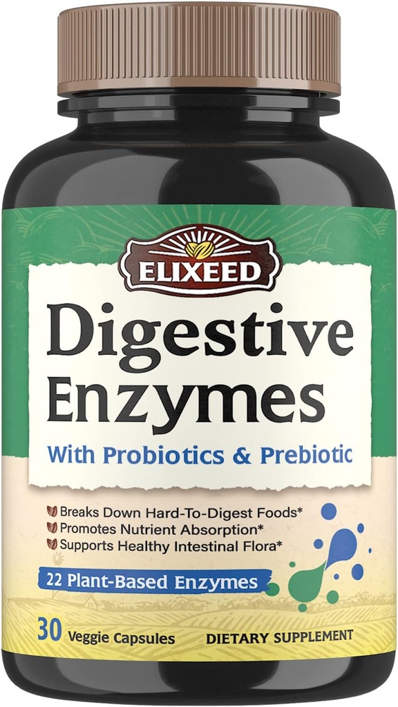 Prebavni encimi Plus probiotiki & prebiotiki, 22 Prebavni encimi z amilazo, Proteazo, laktazo in več, Največja moč, za zdravo prebavo, Vegan, Non-GMO, 30 Caps