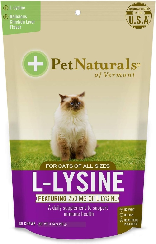 Naravne hišne živali Vermont L-Lysine 60 Žvečilne oblike za mačke - 3 pakiranja
