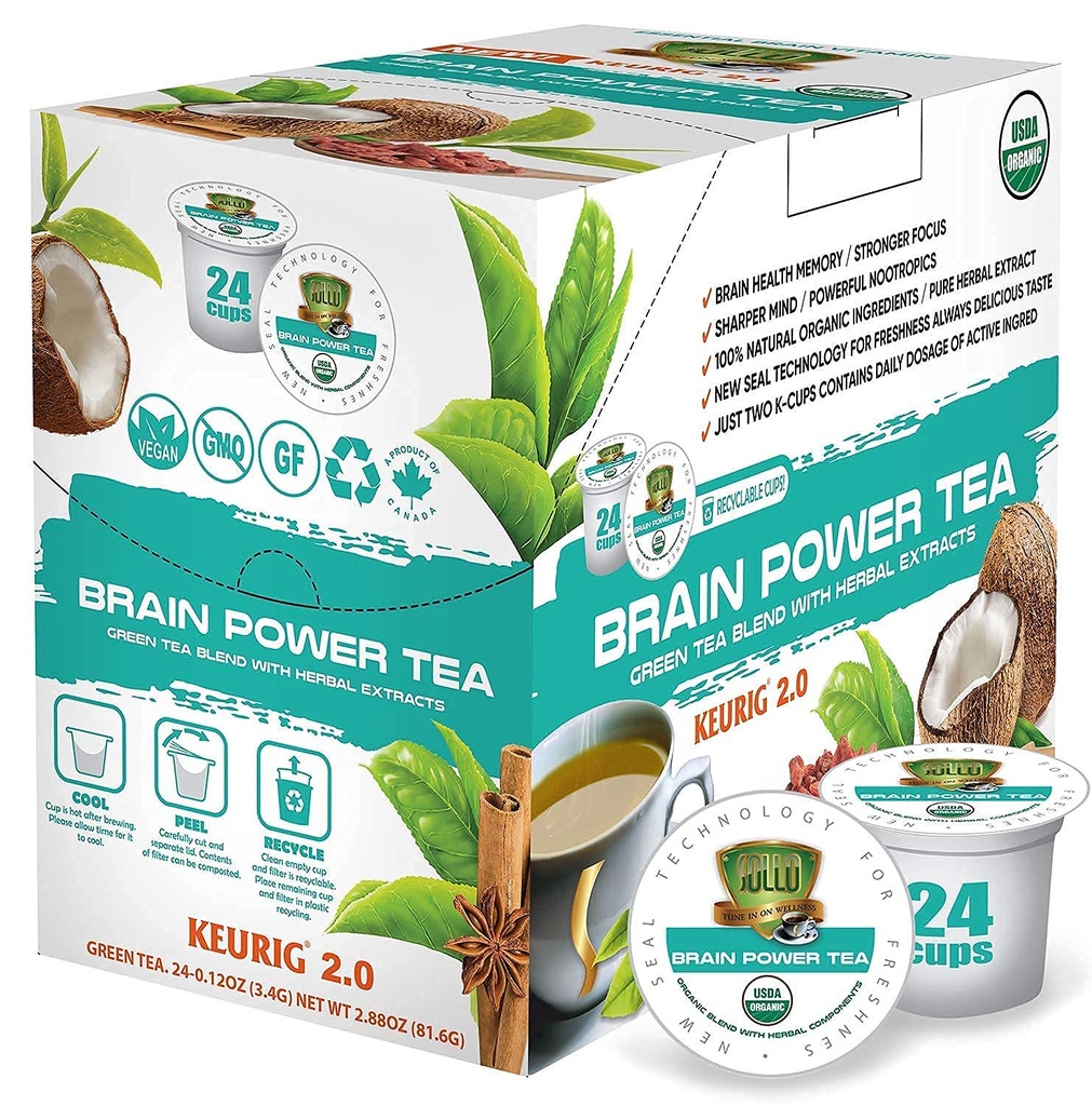SOLLO Moč možganov Organski zeleni čaji s MCT, Acai & Essential prehrana, Nootropic Brain Booster- Izboljša spomin in fokus Združljiv z 2,0 K-Cup Keurig Brewers, 24 Ct