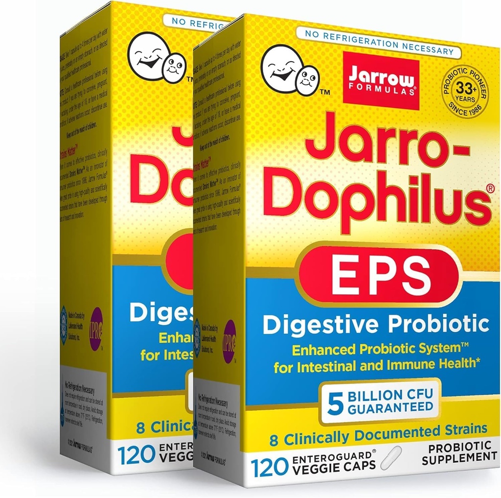 Jarrow Formulas Jarro-Dophilus EPS - 5 Milijardni organizmi na strežbo - 120 Enteric Coated Veggie Caps, Multi-Strain Probiotic - Intestinalno in imuno zdravje, 120 Število (Pack po 2)