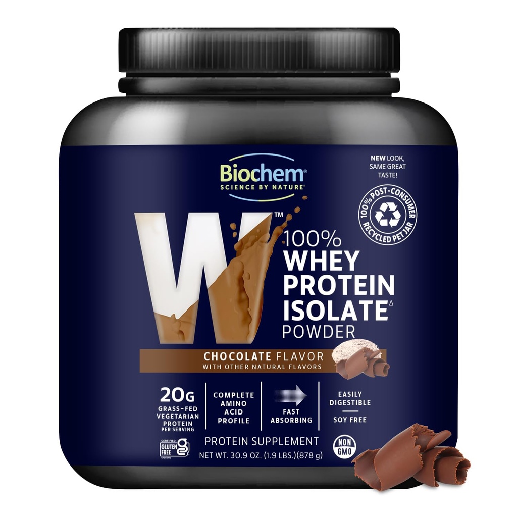 Biochem 100% sirotkin izolat Proteini v prahu, čokoladni okus, 20g Grass-Fed Protein, Keto prijazno, Brez glutena, Vegetarian, Enostavno prebavljiv, 30,9 oz, 28 Servisi