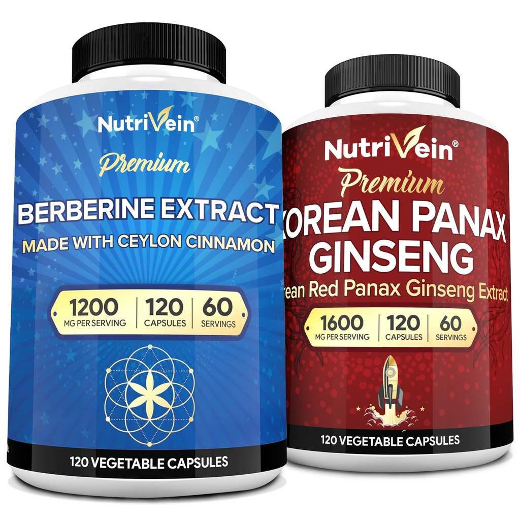 Nutrivein Premium Korean Panax Ginseng Supplement & Berberine Supplements Bundele: Visoko-Absorpcija Berberine Complex & Pristna Red Ginseng Bundle za dnevno jasnost, Vitalnost, & Wellness