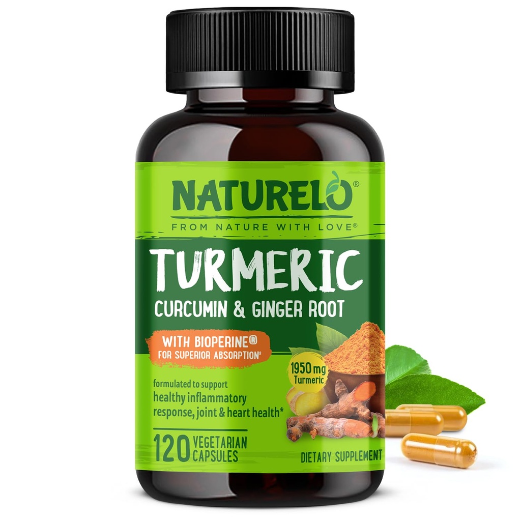 NATURELO kurkumin - BioPerin za boljšo absorpcijo - črni poper, ingver, kurkuminoidi - nasadna skupna podpora za nelagodje - 120 veganskih kapsul