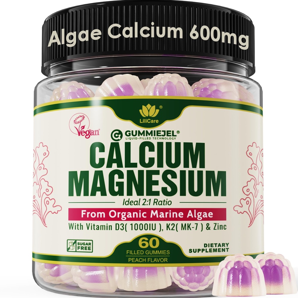 Rastlinski kalcijevi gumiji 600mg z vitaminom D3 K2, magnezij, cink za kostno moč, dodatki brez sladkorja za ženske in moške (Certified Vegan) iz trajno organskih rdečih alge - 60 Counts