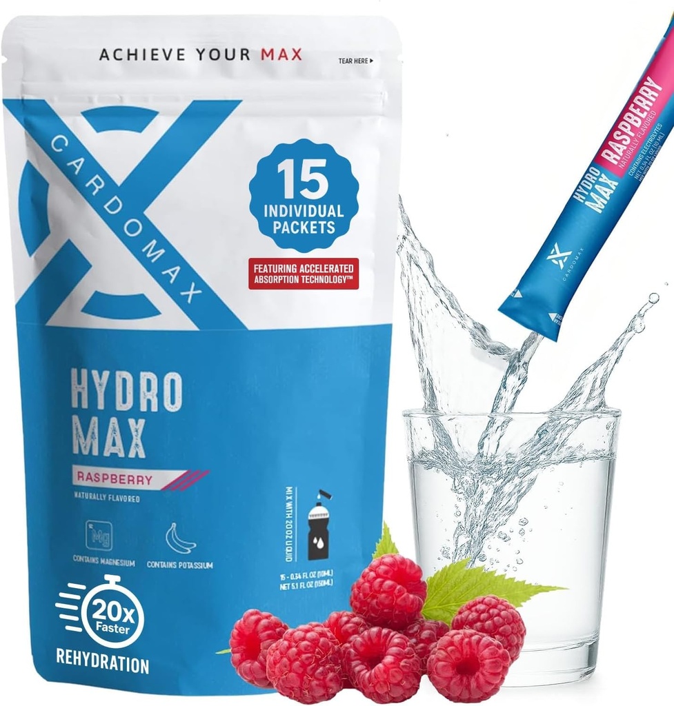 Hydromax Elektrolitni pijača Mix – Raspberry 15 Tekoči paketi s kalijem in magnezijem – Nič sladkorja, Keto & Vegan Elektroliti za hitro hidracijo in regeneracijo dodatek