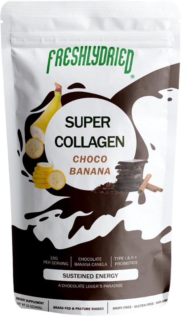 Sveže posušeni kolagen peptidi & ChocoBanana Powder – Podpira lase, kožo, nohte, kosti in sklepe – Tip I & III Grass-Fed Kolagen + Probiotiki – Čokoladna banana Cinamon Flavor – 10 Serving, 6 oz