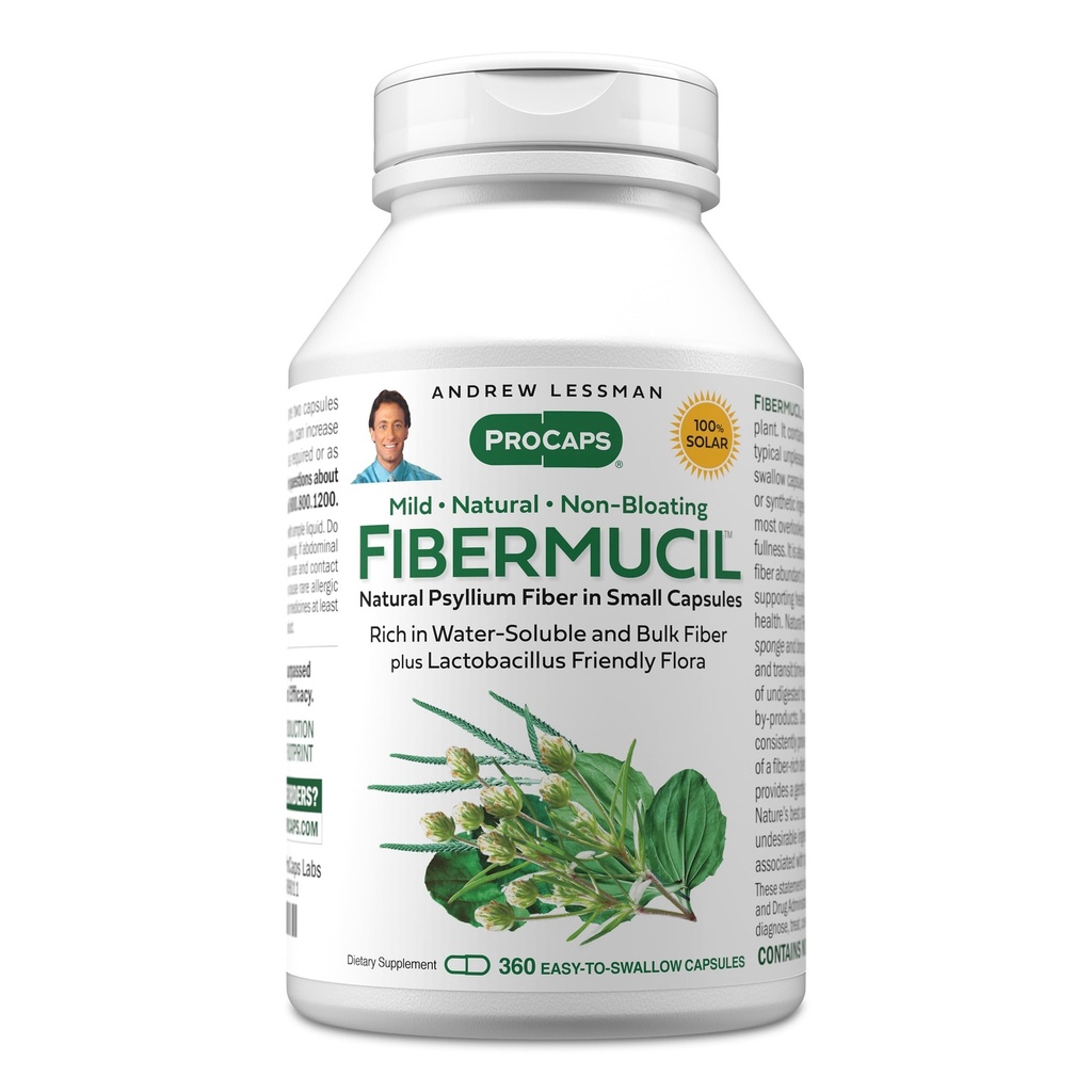 ANDREW LESSMAN Fibermucil 360 Kapsule - Psylium Husk Prašek. Nežno spodbuja rednost in prebavno zdravje. Bogat v Fiberju. Nežno, počasi, učinkovito. Brez dodatkov. Majhne kapsule, ki jih je enostavno pogoltniti