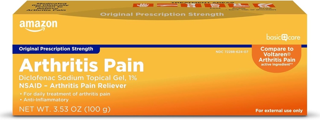 Basic Care Artritis Pain Releading Gel, Diklofenac Natrijev Topical Gel, 1 Odstotek, Nesteroidno zdravilo proti vnetju, 100 Grams, 3,53 unča (Pack of 1) (Packaging se lahko razlikuje)