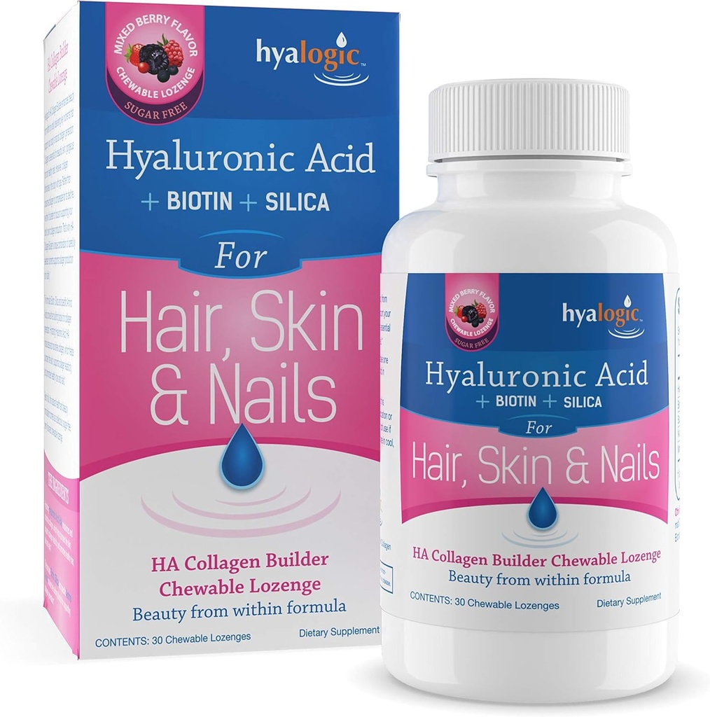 Hyalogic Hair Skin & Nails Hyaluronic Acid Collagen Builder – Okusno Berry Okusen Colagen Boost Žvečljive Lozenges – Sugar Free Vegan Collagen Idealno za izboljšanje vaše naravne lepote – 30 Count