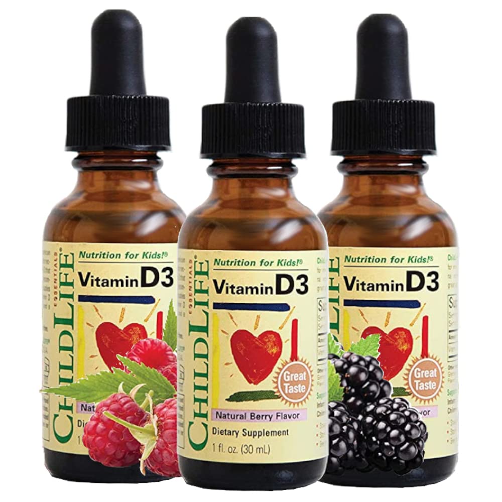 CHILDLIFE ESSENTIALS Vitamin D3 Kapljice - Vitamin D Kapljice za dojenčke, Baby Vitamin D Kapljice, Tekoči vitamin D za otroke, malčki 1-3, otroci, 500 i.e. na serviranje - naravna jagoda, 1 Fl Oz (Pack of 3)