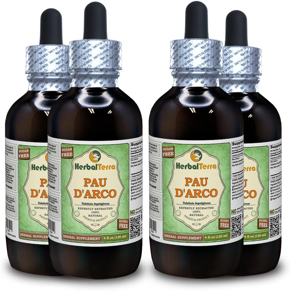 PAU d'arco (Tabebuia Impetiginosa) Glicerit, posušen tekoči ekstrakt brez alkohola (Brand Name: HerbalTerra, Proudly Made in USA) 4x4 fl.oz (4x120 ml)