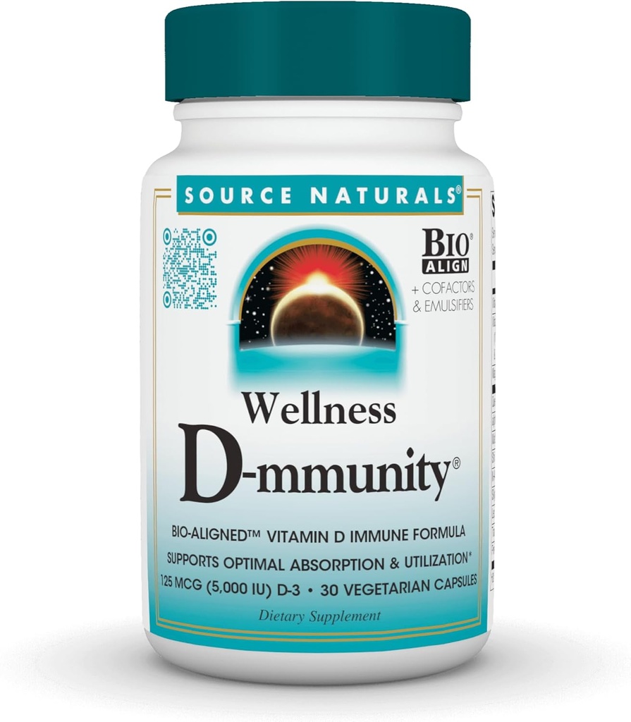 Vir Naturals Wellness D-mmuniteta, Bio-uravnana vitamin D Imunska formula, Podpira optimalno absorbcijo in uporabo*, 125 μg (5. 000 i. e.) D-3-30 Vegetarijanske kapsule
