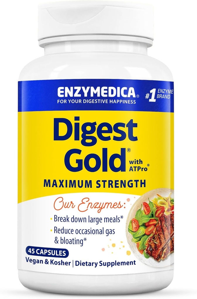 Enzymedica Digest Gold + ATPro, maksimalna jakost Prebavne encime, pomaga pogost velike obroke za takojšnje napihnjenost, 45 kapsul