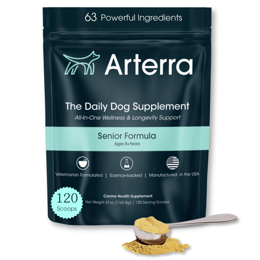 Senior Dog Powder Supplement & Food Topper – 63 Sestavine za skupno, Gut, Imun & Brain Health – Daily Longevity Multivitamin z glukozaminom, probiotiki, in ribje olje 