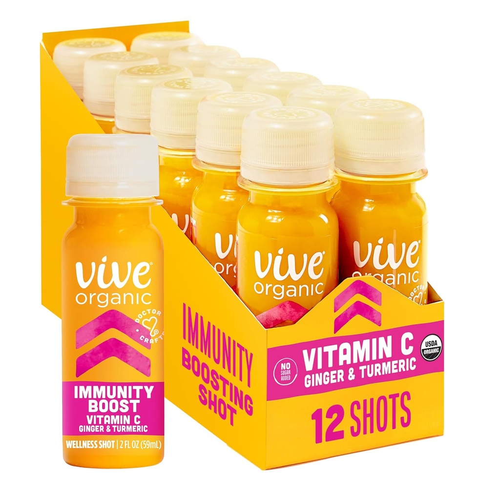 Živo organski vitamin C + Imunitetna podpora Shot, hladno-prezirane kurkuma, Ginger & Acerola Cherry, Gluten Free, Vegan, Immunity Boost Vitamin C, 2 Fl Oz (Pack of 12)