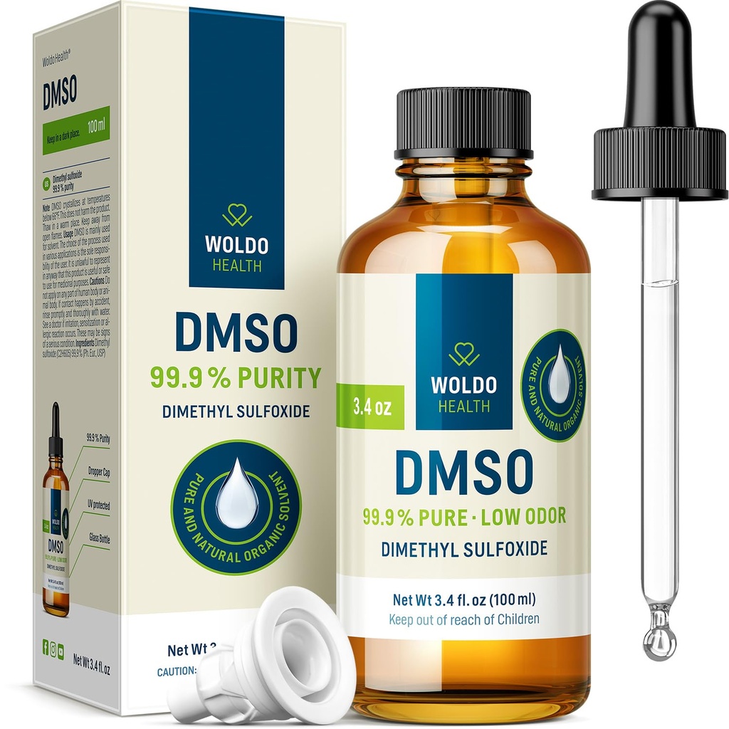 WoldoHealth DMSO 99,9% Farmacevtska stopnja - FT-IR preverjen dimetil sulfid, nizkoodbojno topilo v stekleni steklenici s precizno kapalko (3,38 oz)