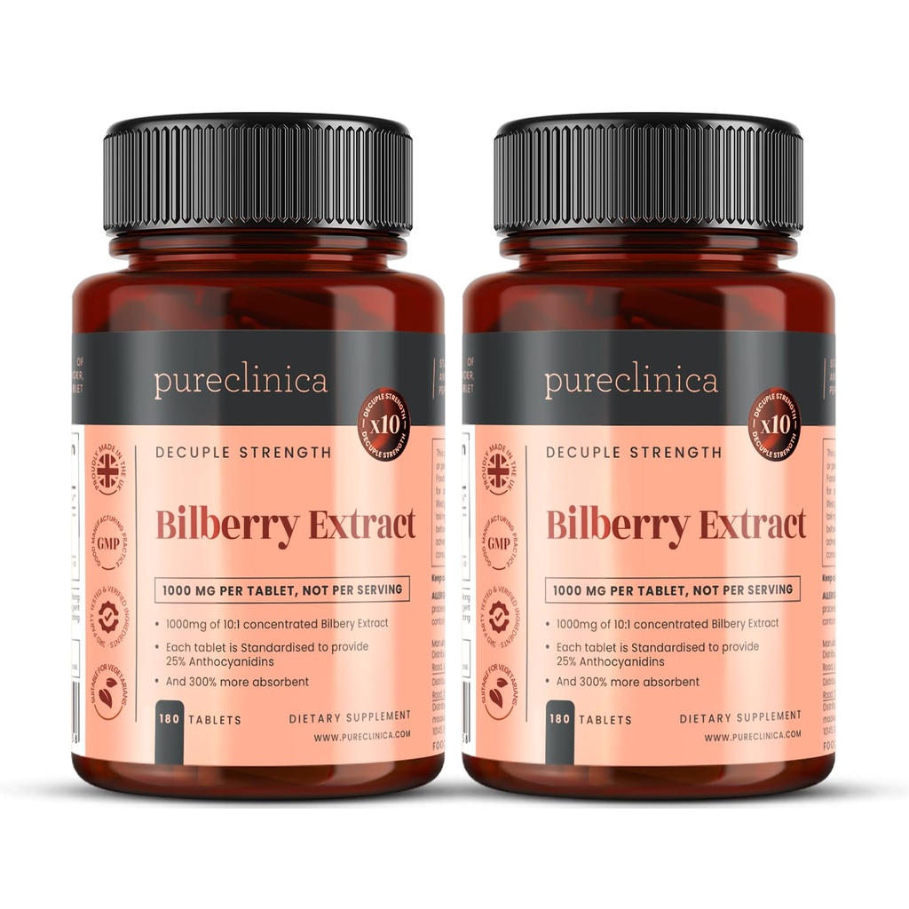 Pureclinica Izvleček borovnice 10.000mg x 360 Tablete (2 steklenici) - 10 X Več Antocianidini w/ 5mg izvleček črnega popra