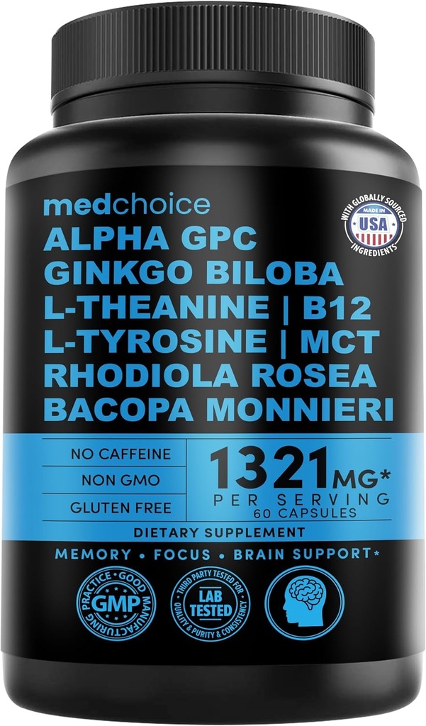 12-v-1 nootropične Ginkgo Biloba za podporo možganov, spomin in fokus - B12, Alpha GPC, L Teanin in holine dopolnila z bioperinom, ki ni kofein 1321mg (60ct)