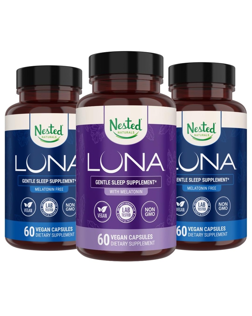 Nested Naturals Luna Melatonin-free (120 veganskih kapsul) & Luna Natural Sleep Aid with Melatonin (60 veganskih kapsul) za globoko spanje 