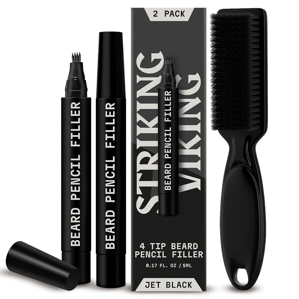 Polnilo za vikinško brado za moške - pakiranje 2, Jet Black - vodoodporno dolgohrbtno krilo - 4-Nasvet za Gap Popravilo & Barber Pencil - Mehko krtačo in polnilo za svinčnik