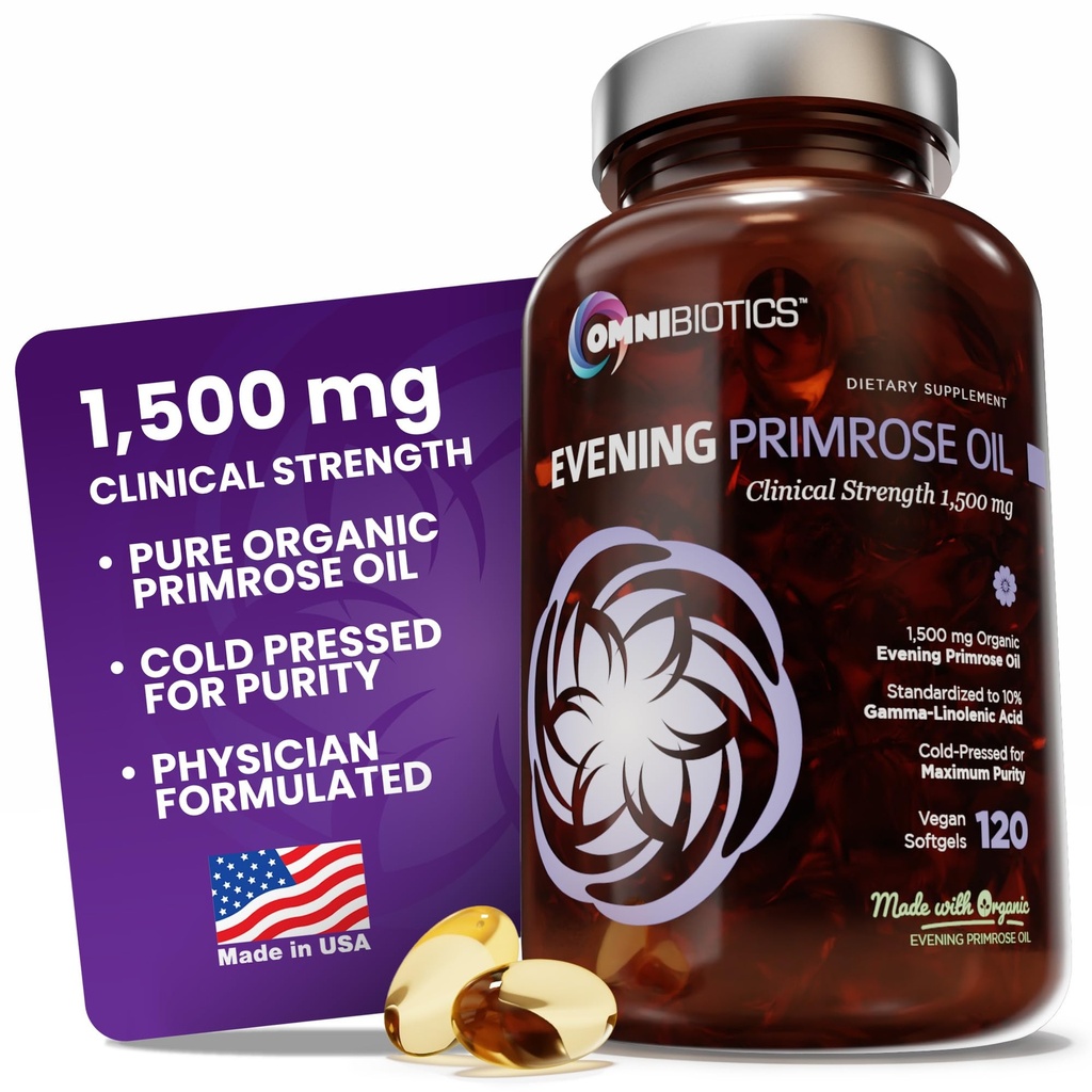 OmniBiotics Organic Evening Primrose Oil za ženske – Klinična moč 1500 mg na kapsulo, 10% GLA, hladno, brez GMO, Hormonsko ravnovesje za ženske – 120 veganskih kapsul Softgel