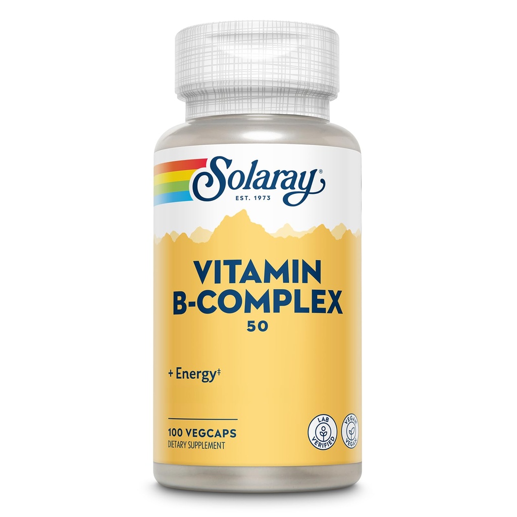 SOLARAY Vitamin B Complex 50 mg - Vitamini celične energije - Presnovna in živčna zdravstvena podpora z vitaminom B12, vitamin B1, B6, niacin, folna kislina, biotin in drugi vitamini B - Vegan, 100 VegCaps