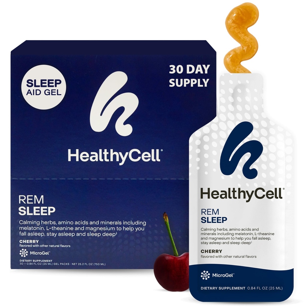 Healthycell REM pomoč za spanje dopolnilo za odrasle - Tekoči gel ekstra moč spanja dodatek z melatonin, Magnezij, L-teanin, GABA & Natural Calming Herbs - 30 Gel paketi, Cherry aromated