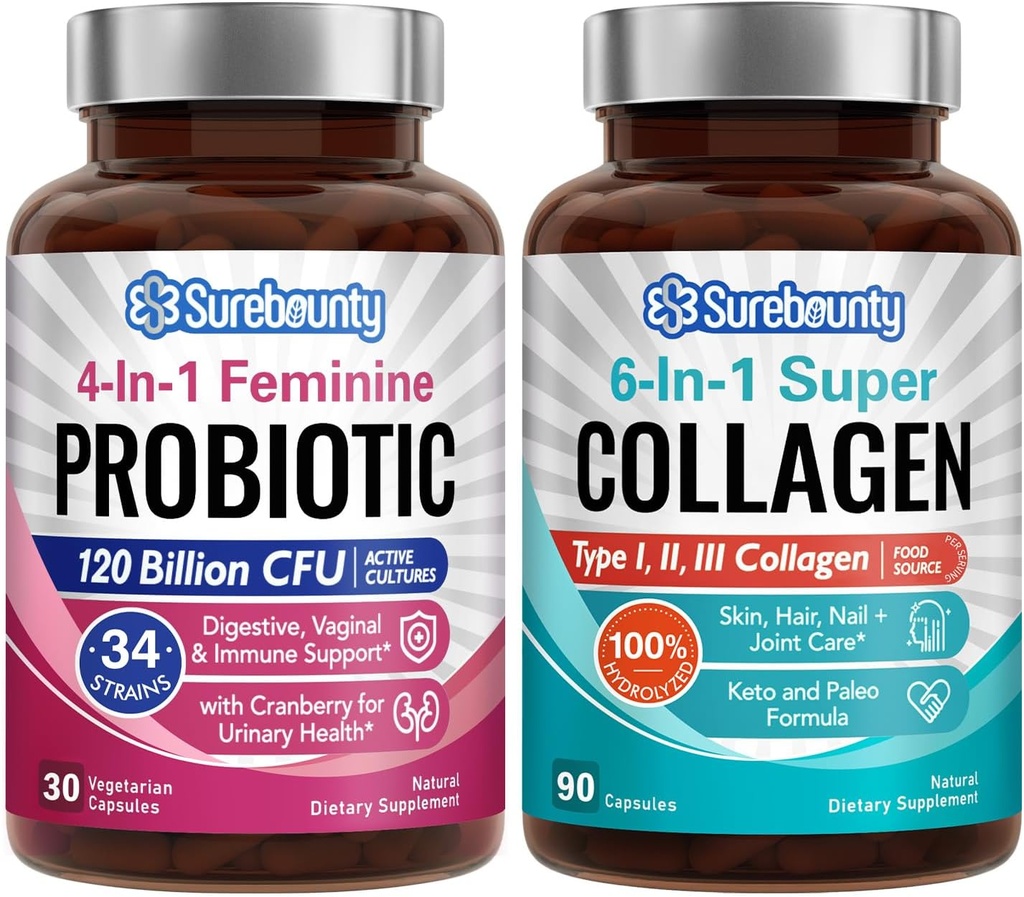 Probiotik + kolagenski paket, 4-v-1 femininski probiotik (30ct) & 6-v-1 Super kolagen (90ct), 2 paketa, brusnica, prebavna in zdrava podpora za staranje, ne-GMO