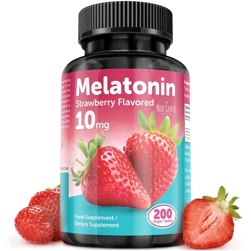 Melatonin tablete - 10 mg prehranska dopolnila - Jagodne arome - 200 Veganske tablete - by NextGenU