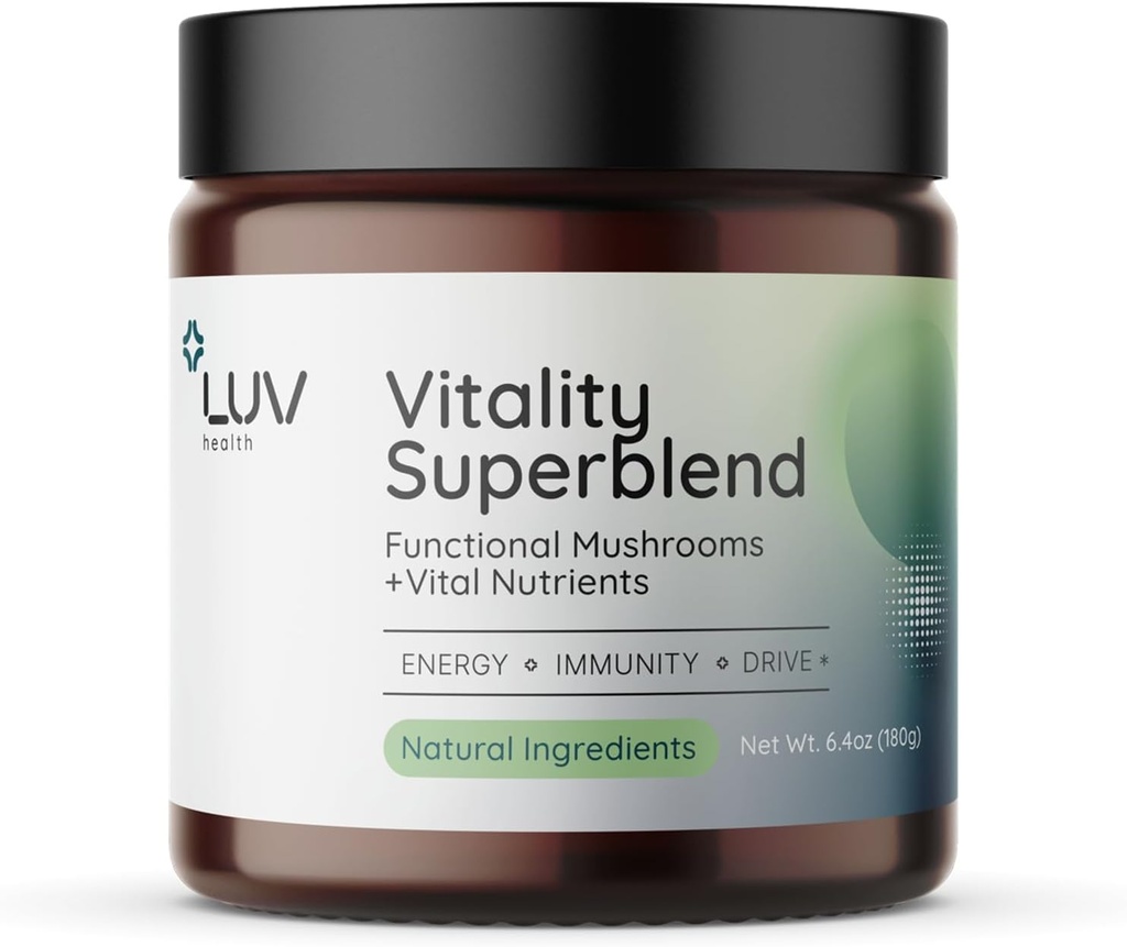 LUV health Vitality Superblend: Gobe dodatek - Superfood Powder s Cacao, Levje Mane, Cordyceps, Reishi, Zeleni čaj, in Kurkurji – Energija, Focus & Dnevna Wellness podpora Vegan, 30 Servinges