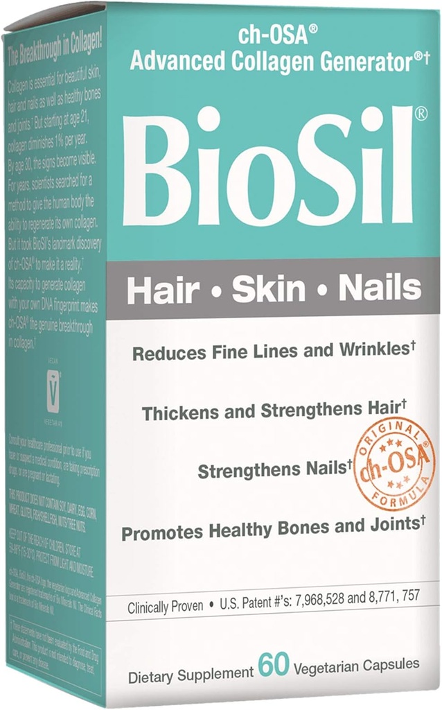 BioSil z naravnimi dejavniki, las, kože, nohti, Podpira zdravo rast in moč, Vegan kolagen, Elastin in keratin Generator, 60 Kapsule