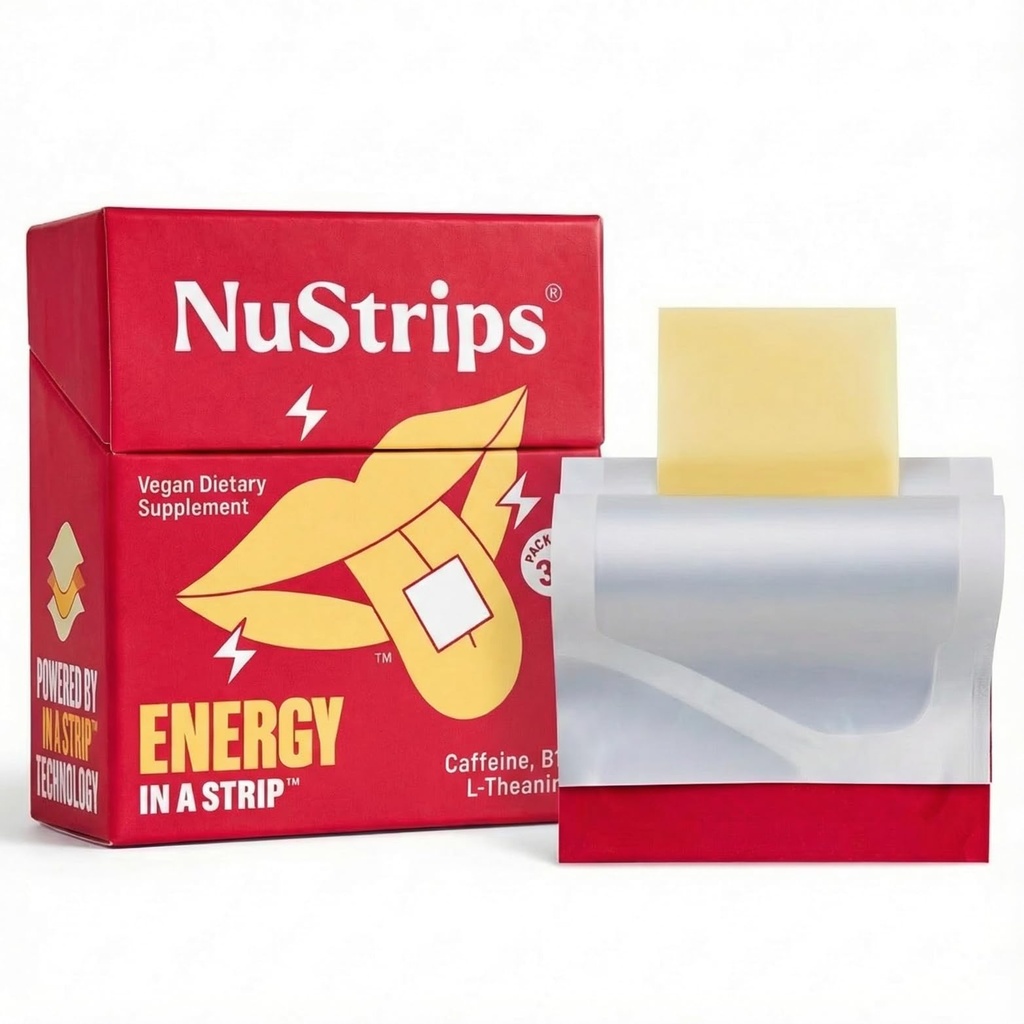 NustripsTM hitro raztapljanje energijskih pasov s 50mg kofeina, L-teanina in vitamina B12 – Instant Energy & Focus brez Jitters ali Crash – deluje hitreje kot kava – Pomirjujoče cimet (30 Pack)