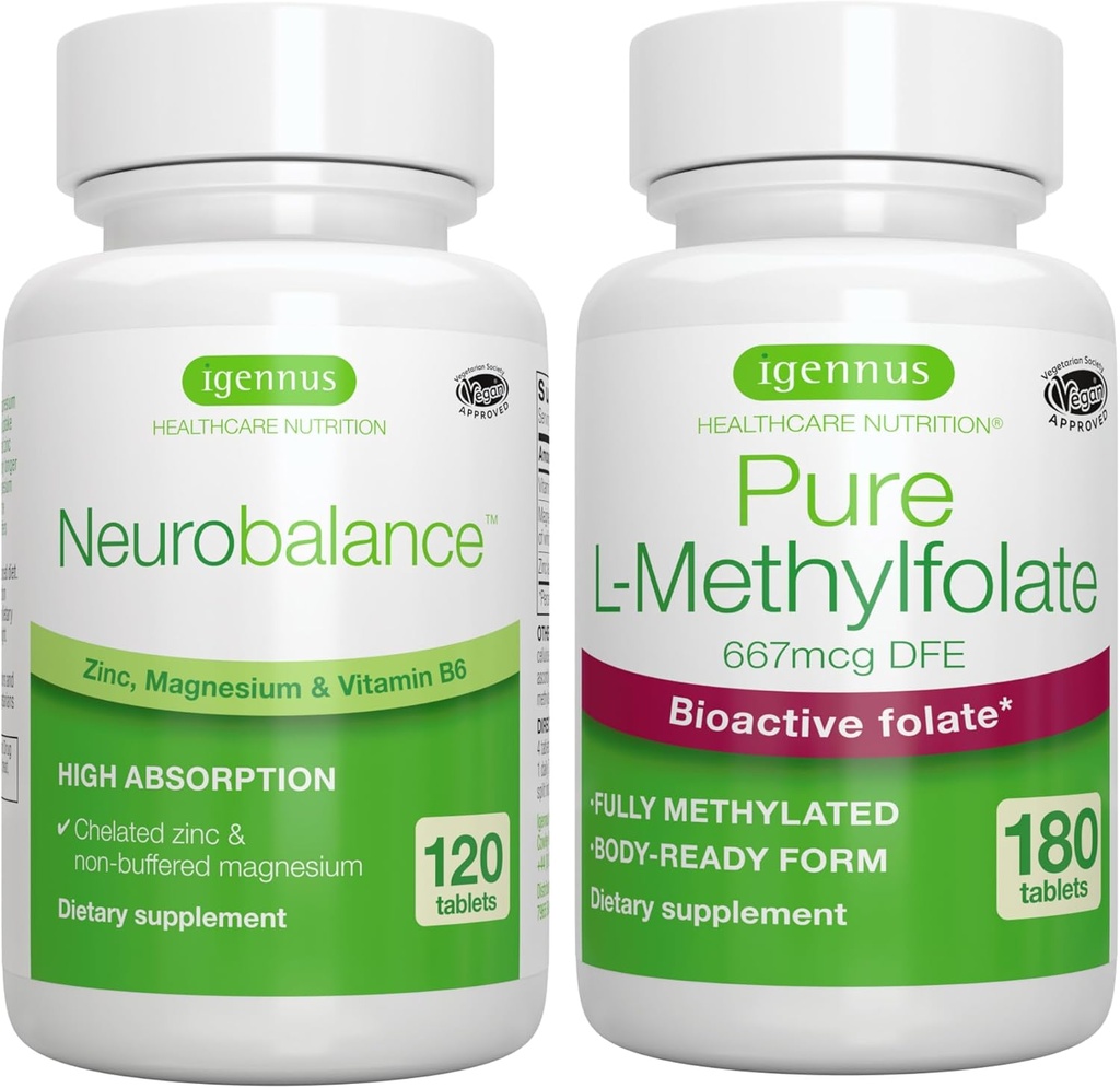 Neurobalance Cink, Magnezij & Vitamin B6 + Čisti Folat 400mcg Veganski paket, kelirani cinkov pikolinat 24mg, oksid brez magnezija in vitamin B6 + Optimiziran L-metilfolat, by Igennus