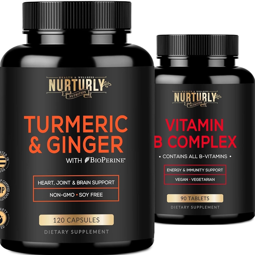 Vitamin B kompleks in kurkumin z BioPerin & Ginger - vsebuje vse bistvene vitamine B - B1, B2, B3, B5, B6, B7, B9, B12 in Biotin - Visoka absorpcija