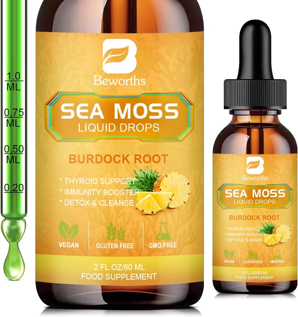 Tekoče kapljice Sea Moss - Organic Ireland Sea Moss Gel s Spirulina, Bladderwrack, Burdock Root, Pinapple Seamoss Gel Supplement for Joint, Detox Cleanse & Digestion Support - 2 Fl Oz, Vegan