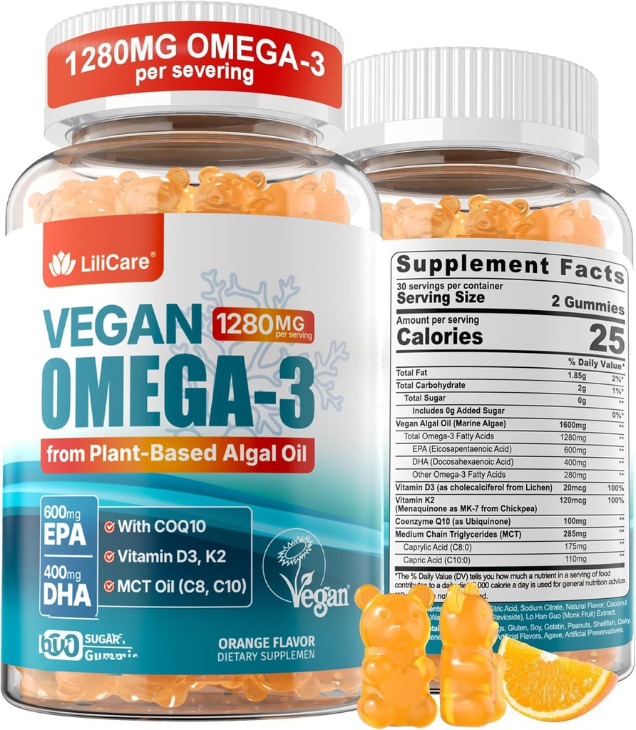 Vegan Omega-3 Gumies 1280mg + COQ10 + vitamin D3 K2 (MK7), Omega 3 Alternativno ribje olje za odrasle w/EPA 600mg DHA 400mg & MCT Olje, brez ribjega okusa iz morskih alg, za možgane, oči, imuniteto, 1 paket