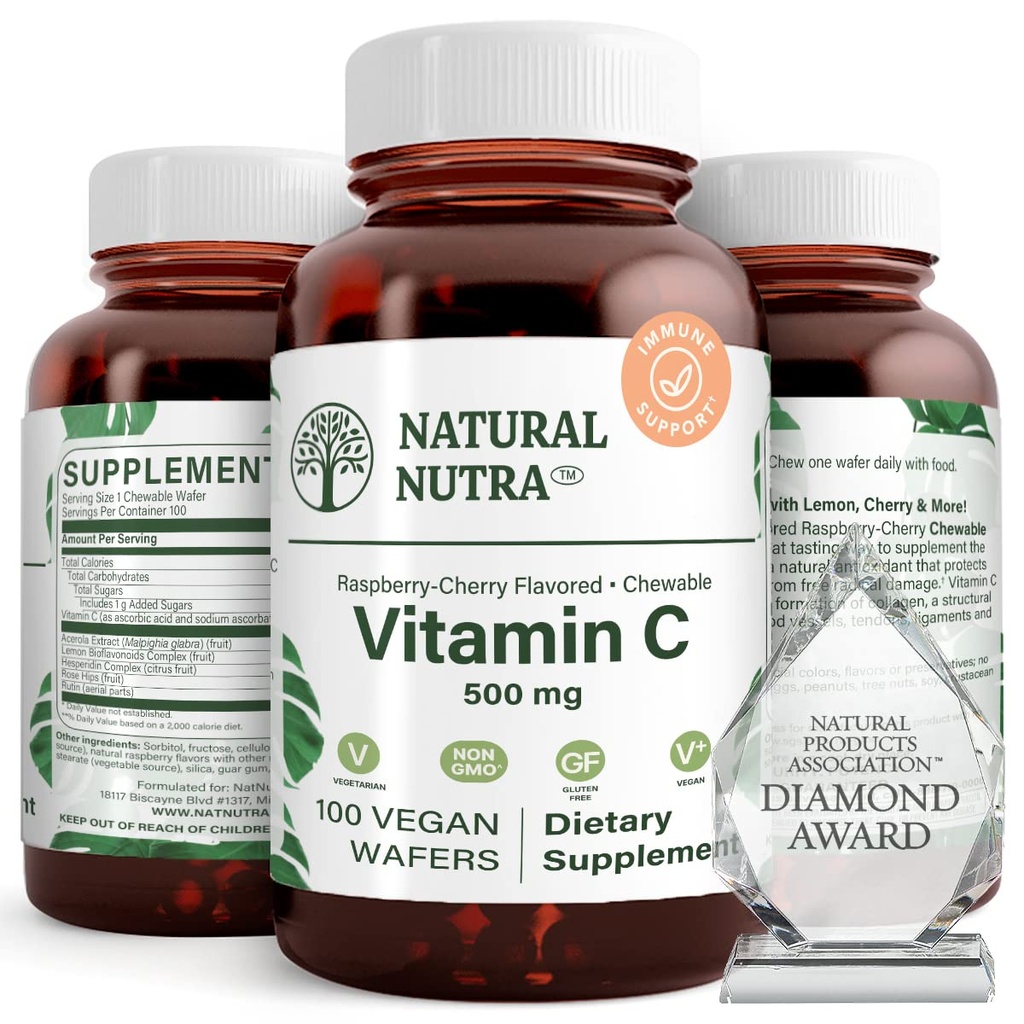 Naravni Nutra Vitamin C dopolnilo za otroke in odrasle, Imunski booster, pomaga podpira zdravje kosti, ščiti zdravje kože in srca, rastlinski vir, 500 mg, 100 Veganski Wafers