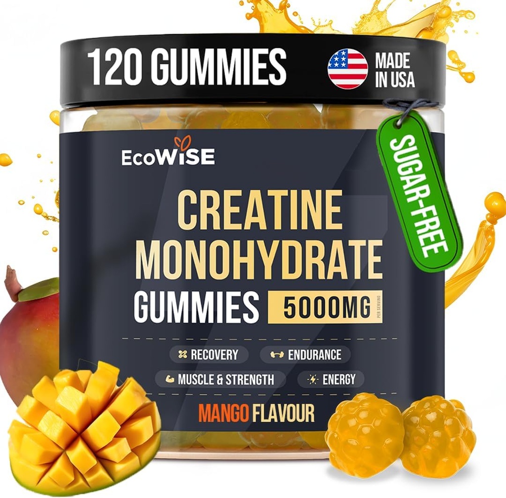 EkoWise Wellness Kreatin monohidrat Gumies 5000 mg, mango aroma, 120 Sugar-free Vegan Chews, Kreatin dodatek za dnevno rutino